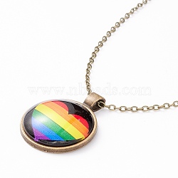 Rainbow Pride Necklace, Flat Round with Pattern Pendant Necklace for Men Women, Antique Bronze, Heart Pattern, 20.08 inch(51cm) (NJEW-F290-01J)