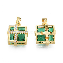 Brass Micro Pave Clear Cubic Zirconia Pendants, with Glass, Real 18K Gold Plated, Nickel Free, Rectangle with Cross, Green, 15.5x13x4.5mm, Hole: 2.5x4mm(KK-N233-419)