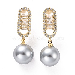 Clear Cubic Zirconia Oval with Plastic Pearl Dangle Stud Earrings, Light Gold Plated Brass Jewelry for Women, Cadmium Free & Lead Free, Dark Gray, 35mm, Pin: 0.9mm(EJEW-A072-11LG-B)