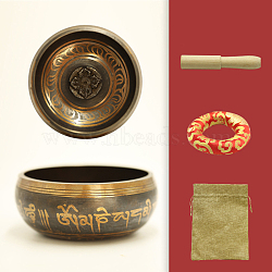 Tibetan Brass Singing Bowl & Wood Striker & Cloth Mat & Burlap Bag Set, Nepal Buddha Meditation Sound Bowl, Yoga Sound Bowls, for Holistic Stress Relief Meditation and Relaxation, Random Patterns, Golden, 80mm(RELI-PW0004-02D-01)