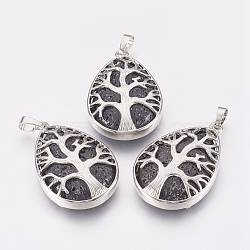 Natural Lava Rock Pendant, with Brass Findings, Teardrop with Tree of Life, Platinum, 39x26x7mm, Hole: 5x8mm(G-K286-01P)