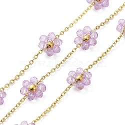 Glass & Stainless Steel Beaded Flower Link Chains, with Ion Plating(IP) 304 Stainless Steel Findings, Soldered, with Spool, Plum, 10x9x3.5mm, about 32.81 Feet(10m)/Roll(CHS-C008-01G)