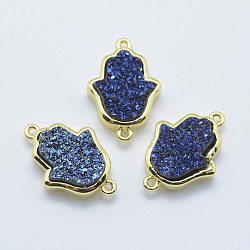 Druzy Resin Links connectors, with Golden Tone Brass Findings, Hamsa Hand, Blue, 21x13x4~6mm, Hole: 1.5mm(G-F550-G01-G)