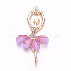 Resin Big Pendants, with Golden Plated Alloy Findings and Rhinestone, Ballet Girl, Violet, 60x31x4mm, Hole: 2mm(ALRI-WH0004-A09)