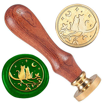 Wax Seal Stamp Set, Golden Tone Brass Sealing Wax Stamp Head, with Wood Handle, for Envelopes Invitations, Cat Shape, 83x22mm, Stamps: 25x14.5mm