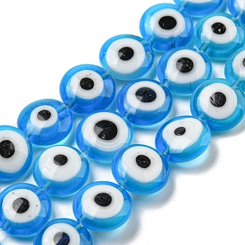 Handmade Evil Eyes Lampwork Beads Strands, Flat Round, Dodger Blue, 10x4mm, Hole: 0.6mm, about 40pcs/strand, 15.55''(39.5cm)