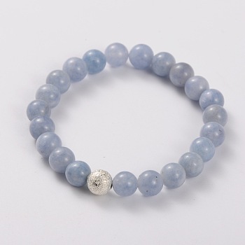 Natural Gemstone Stretch Bracelets, with Brass Textured Beads, Silver Color Plated, Aquamarine, 49mm