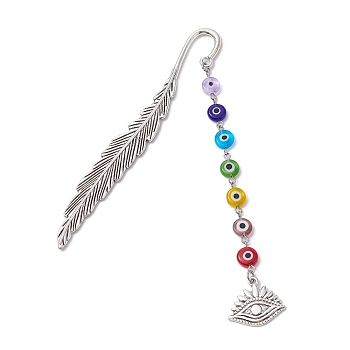 Handmade Lampwork Evil Eye Beaded Pendant Bookmarks, Alloy Feather Bookmark, Colorful, Bookmark: 115x13x3mm