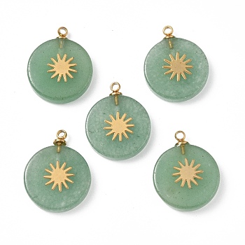 Natural Green Aventurine Pendants, Flat Round with Vacuum Plating 201 Stainless Steel Sun Pattern, Real 18K Gold Plated, 18.5~19.5x14.5~15x3~4mm, Hole: 1.4mm