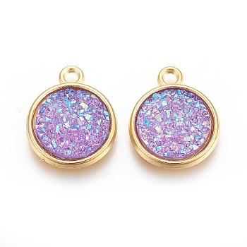 Resin Pendants, with Golden Tone Alloy Findings, Flat Round, Medium Purple, 18x15x3.5~4mm, Hole: 1.8mm