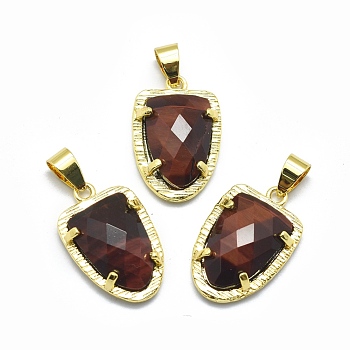 Natural Tiger Eye Pendants, with Brass Findings,  Faceted, Golden, 22.5x14.5x5mm, Hole: 4x5.5mm