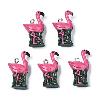 Opaque Resin Pendants, with Platinum Tone Iron Loop, Flamingo Shape, Camellia, 28.5~29.5x17~18x8mm, Hole: 2mm