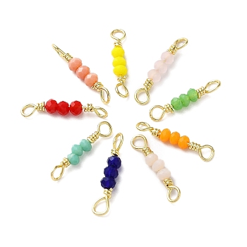 3 Faceted Glass Beads Connector Charms, Rondelle Links with Rack Plating Brass Wire Double Loops, Lead Free & Cadmium Free, Real 18K Gold Plated, Long-Lasting Plated, Mixed Color, 14.5x2.5mm, Hole: 1.6mm