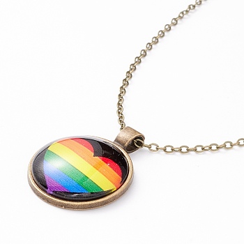 Rainbow Pride Necklace, Flat Round with Pattern Pendant Necklace for Men Women, Antique Bronze, Heart Pattern, 20.08 inch(51cm) 