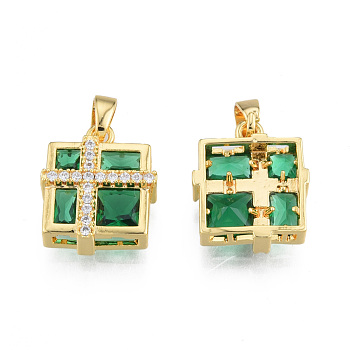Brass Micro Pave Clear Cubic Zirconia Pendants, with Glass, Real 18K Gold Plated, Nickel Free, Rectangle with Cross, Green, 15.5x13x4.5mm, Hole: 2.5x4mm