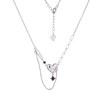 Pink Cubic Zirconia Heart & Word Love Pendant Necklace, Brass Chain Tassel Necklace for Women, Platinum, 15.75 inch(40cm)