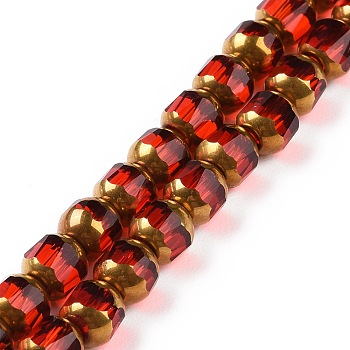 Electroplated Transparent Glass Beads Strands, Faceted, Half Golden Plated, Round, Red, 5.5mm, Hole: 1.2mm, about 70pcs/strand, 14.96''(38cm)
