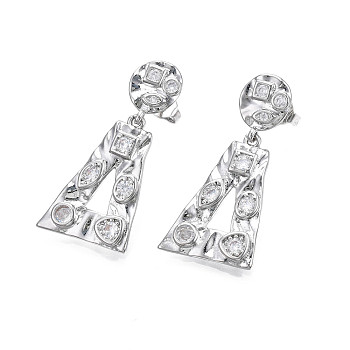 Cubic Zirconia Triangle Dangle Stud Earrings, Real Platinum Plated Brass Jewelry for Women, Nickel Free, Clear, 32.5mm, Pin: 0.8mm