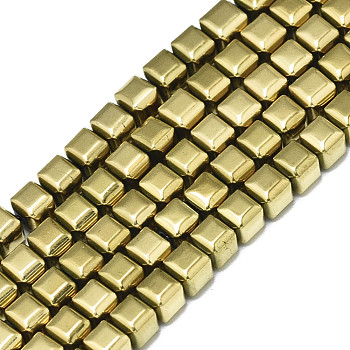 Electroplate Non-magnetic Synthetic Hematite Beads Strands, Cube, Real 18K Gold Plated, 3.5x4x4mm, Hole: 0.9mm, about 105~110pcs/strand, 15.75 inch(40cm)