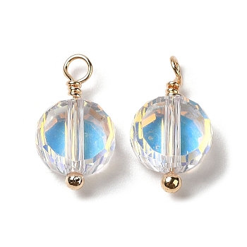 Half Plated Glass Charms, with Real 18K Gold Plated Brass Loop, Faceted Flat Round Charm, Clear, 14x8x4mm, Hole: 1.6mm