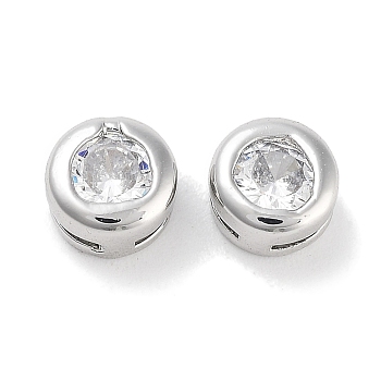 Brass with Single Cubic Zirconia Slide Charms, Flat Round, Platinum, Clear, 5.5x3.5mm, Hole: 3x0.6mm