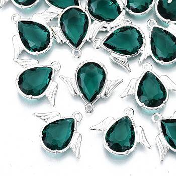 Faceted Glass Pendants, with Eco-Friendly Alloy Findings, Cadmium Free & Nickel Free & Lead Free, Angel, Silver, Teal, 18x22x4.5mm, Hole: 1.6mm
