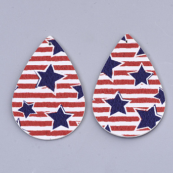 Independence Day Theme, PU Leather Big Pendants, Double Sided, teardrop, with Star Stripe Pattern, Red, 56x37x1.5mm, Hole: 1.8mm