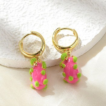 Brass Hoop Earrings, with Enamel, Real 18K Gold Plated, Pitaya, 30.5x9.5mm