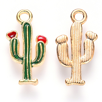 Alloy Enamel Pendants, Cactus, Light Gold, Green, 19x10x2.5mm, Hole: 1.8mm