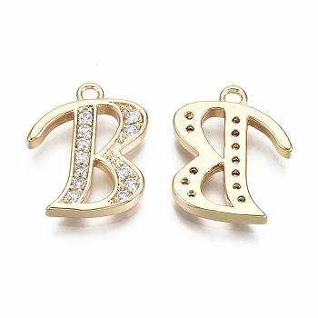 Brass Micro Pave Clear Cubic Zirconia Pendants, Nickel Free, Real 18K Gold Plated, Word, Letter.B, 16x13x2mm, Hole: 1.5mm