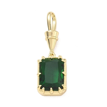 Brass Pave Cubic Zirconia Pendants, Rectangle Charms, Single Stone Charms, Long-Lasting Plated, Rack Plating, Lead Free & Cadmium Free, Real 18K Gold Plated, Green, 35mm, Hole: 8x5mm
