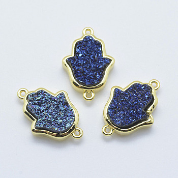 Druzy Resin Links connectors, with Golden Tone Brass Findings, Hamsa Hand, Blue, 21x13x4~6mm, Hole: 1.5mm