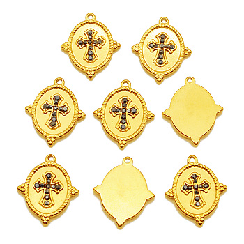 201 Stainless Steel Pendants, with Jet Hematite Rhinestone, Oval with Cross, Golden, 19x16.5x2mm, Hole: 1.4mm