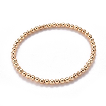 Brass Stretch Beaded Bracelets, Round, Real 18K Gold Plated, Inner Diameter: 2-1/4 inch(5.8cm), Bead: 4mm