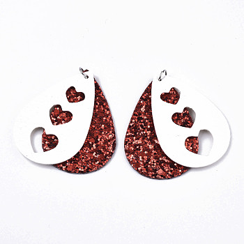 PU Leather Big Pendants, with Sequins/ Paillettes and Platinum Tone Iron Jump Rings, Teardrop with Heart, Dark Red, 56.5x37x3mm, Hole: 5mm