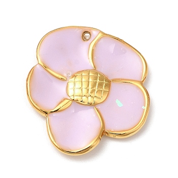 304 Stainless Steel Enamel Pendants, Real 18K Gold Plated, Flower Charm, Pearl Pink, 20.5x18x2.5mm, Hole: 1.2mm