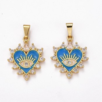 Brass Clear Cubic Zirconia Pendants, with Enamel, Long-Lasting Plated, Real 18K Gold Plated, Heart and Eye, Dodger Blue, 23x19x3mm, Hole: 2.5x6mm