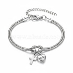 Mother's Day 304 Stainless Steel Snake Chain Double-layered Bracelets, Charm Bracelets for Women, Heart with Mum & Cross, Stainless Steel Color, 6.69 inch(17cm)(WG6C8B3-02)