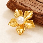 304 Stainless Steel Pave Imitation Pearl Cuff Open Rings, Flower, Golden, 17mm(RJEW-T037-05G)