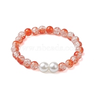 8mm Two Tone Transparent Crackle Glass Beaded Stretch Bracelets, 10mm Round Glass Pearl Bracelets for Women, Coral, Inner Diameter: 2 inch(5cm)(BJEW-JB10538)