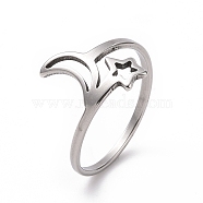 201 Stainless Steel Moon & Star Finger Ring, Hollow Wide Ring for Women, Stainless Steel Color, US Size 6 1/2(16.9mm)(RJEW-J051-28P)
