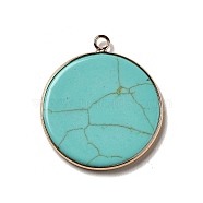 Synthetic Turquoise Dyed Pendants, Flat Round Charms, with Golden Plated Brass Frame, 35x31x3~3.5mm, Hole: 2.5mm(G-A213-01G-11)