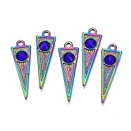 Rack Plating Rainbow Color Alloy Pendants, with Rhinestone, Cadmium Free & Nickel Free & Lead Free, Triangle, Capri Blue, 29x9x4mm, Hole: 1.8mm(PALLOY-N163-111A)