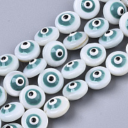 Natural Freshwater Shell Beads, Enamelled Sequins, Flat Round with Evil Eye, Green, 8x6mm, Hole: 0.8~1mm(SHEL-R046-05-01C)