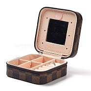 Tartan Square PU Leather Jewelry Storage Zipper Boxes, Jewellery Organizer Travel Case with Mirror Inside, for Necklace, Ring Earring Holder, Coffee, 10x10x5cm(PAAG-PW0007-01A)