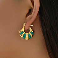 Fashionable Delicate Simple Color Block Fan-shaped Stainless Steel Hoop Earrings for Women, with Enamel, Golden, Green, 27x25mm(LW7077-6)