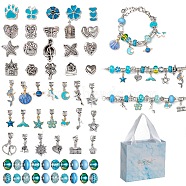 DIY Alloy European Bracelets Making Kits, including Alloy and Resin European Beads, Alloy Enamel Dangle European Charms, Paper Box, Deep Sky Blue(DIY-I108-01B)