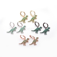 Brass Cubic Zirconia Hoop Earrings, Dangle Earrings, Dinosaur, Green, Mixed Color, 31mm, Pendant: 18x24x2.5mm, Pin: 1mm(EJEW-O084-09)
