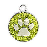 Enamel Charms, with Platinum Plated Alloy Findings and Glitter Powder, Flat Round with Dog Paw Prints, Green Yellow, 23x19x2.1mm, Hole: 2.1mm(ENAM-CJC0001-02D)