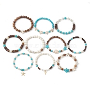 10Pcs 10 Styles Synthetic Turquoise & Coconut & Wood Beaded Stretch Bracelet Sets, Summer Turtles & Starfish , Mixed Color, Inner Diameter: 2-1/8 inch(5.5cm), 1pc/style(BJEW-JB10719)